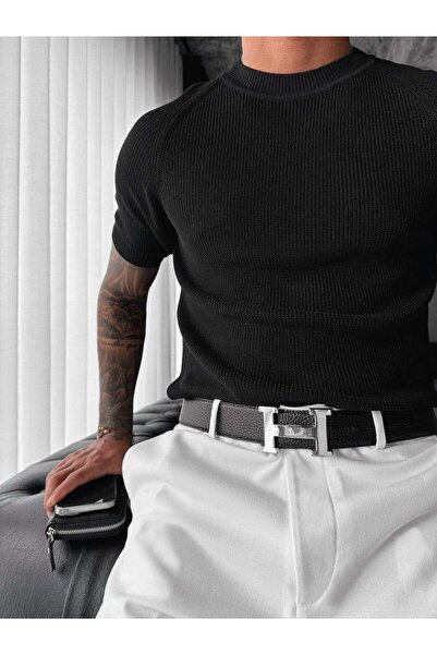 elkumoda Ανδρικό πλεκτό μπλουζάκι με λεπτή γραμμή εφαρμογής, ριγέ, πλεκτό καλ...