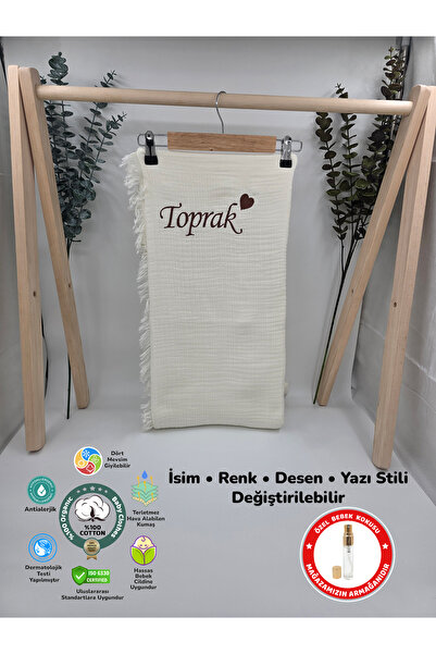 %100 Pamuk 4 Katlı Müslin Kumaş Püsküllü Battaniye (Hediyeli İsimli Nakış Desenli)