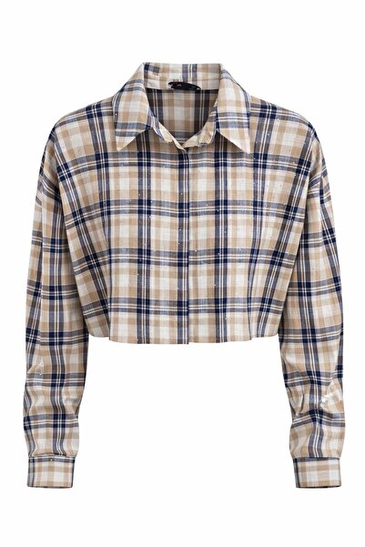 Miss Poem Women's Brown Plaid Patterned Cropped Shirt