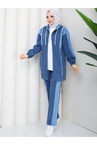 moda4b 3 Parça Kadın Spor Takım İki İplik Pamuk Kot Detaylı Kapüşonlu Set n-0...