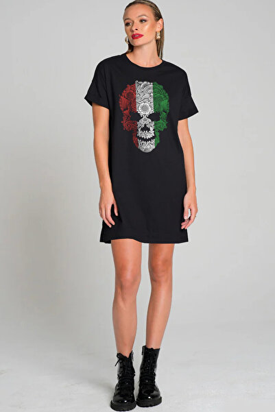ROCKANDROLL Italian Skull Black Short Sleeve Combed Cotton Women's T-Shirt Dress