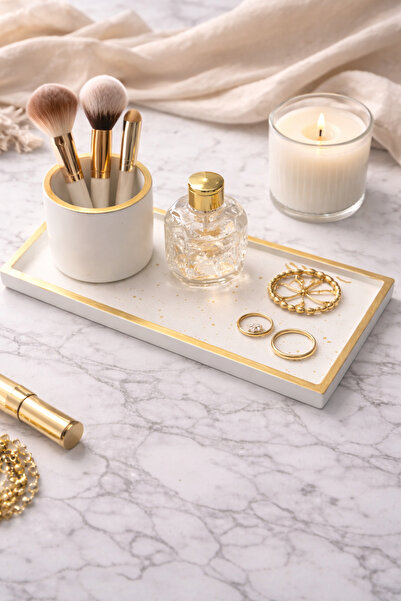 Sabletscrafts Gold Leaf Decorative Tray 25 cm and Makeup Brush Holder Set Han...