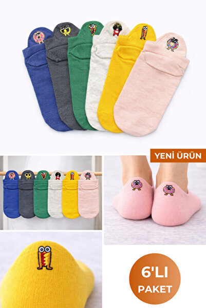 OUS Nakışlı Renkli Pamuklu Patik Çorap 6'lı Set – Unisex Günlük Çorap