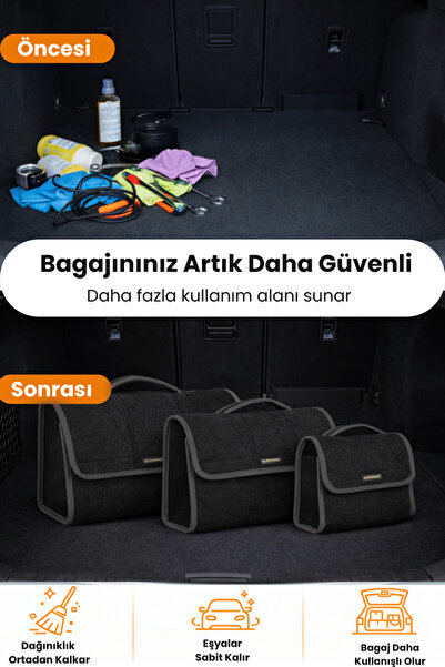 e-biz Oto Bagaj Organizer Bagaj Çantası 3'lü Kombo Boy Kaymaz Cırt Bantlı Velur Kompakt Düzenleyici