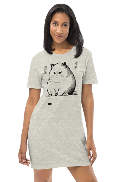 ROCKANDROLL Cat Mouse Gray Short Sleeve Combed Cotton Women's T-Shirt Dress