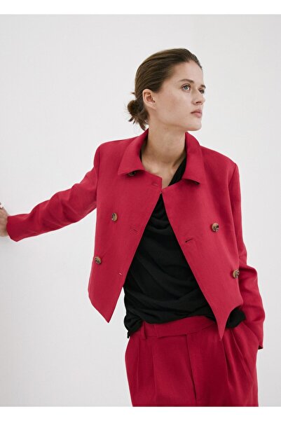 MANGO Woman Çift düğmeli keten blazer ceket