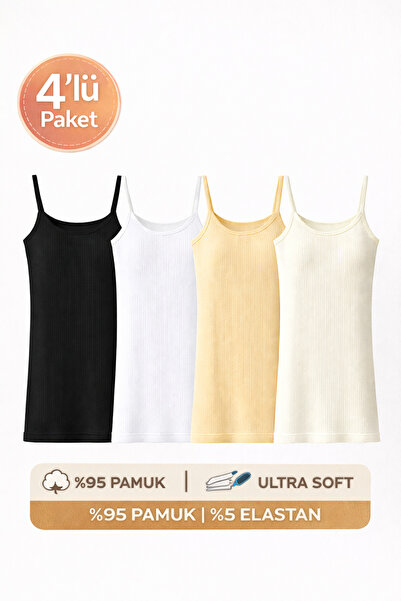 Meyzz Kadın 4'lü Paket İp Askılı Fitilli Atlet %95 Pamuk %5 Elastan Ultra Soft Siyah Beyaz Ten Ekru
