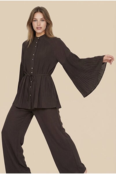 NEFESSE Hakim Yaka Piliseli Düğmeli Krep Takım -K. Kahve