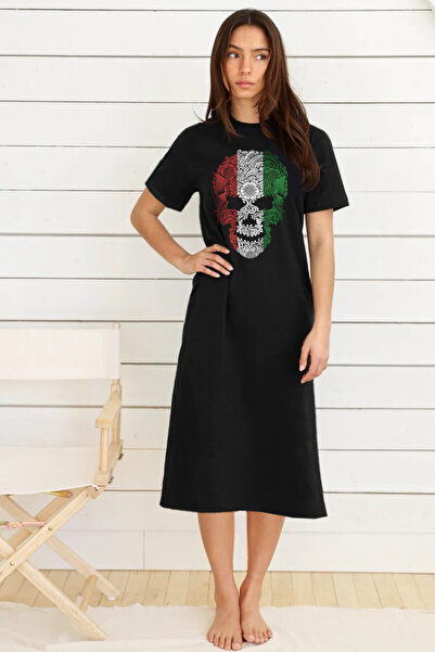 ROCKANDROLL Italian Skull Black Crew Neck Short Sleeve Combed Cotton Long Dress