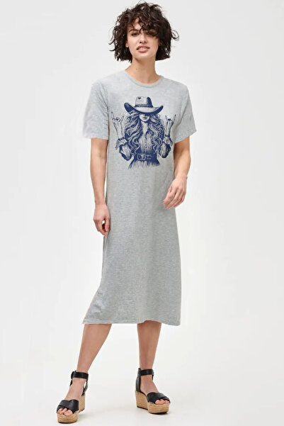 ROCKANDROLL Girl in Hat Gray Crew Neck Short Sleeve Combed Cotton Long Dress