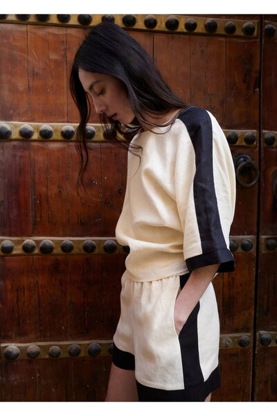 MANGO Woman Kontrast çizgili keten şort