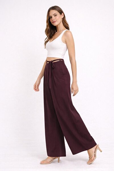 02Lady Fashion Zip Detail Wide-Leg High Waist Tie-Up Plazzo Trousers