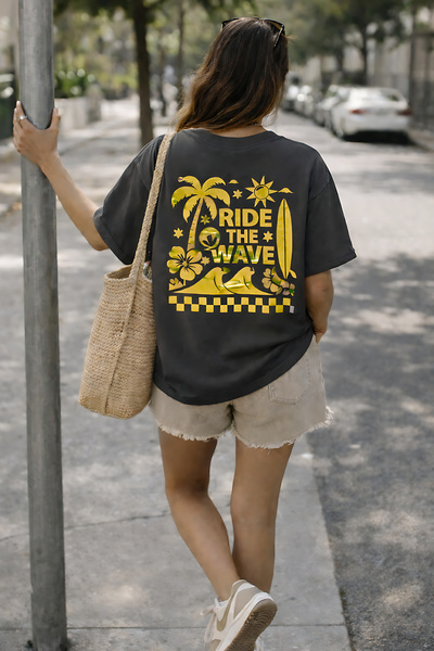 ArtYus Ride the Wave Surf Printed Unisex Oversized T-Shirt - Pack of Cotton C...