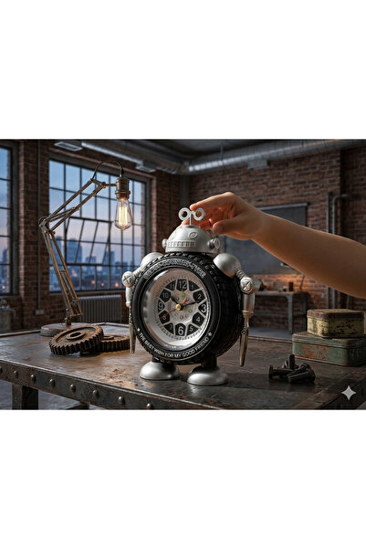 shop Retro Robot Masa Saati - Tekerlek Gövdeli Çocuk Odası ve Ofis Aksesuarı