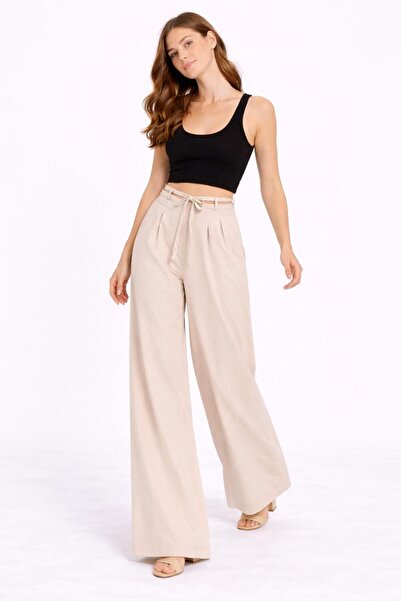 02Lady Fashion Zip Detail Wide-Leg High Waist Tie-Up Plazzo Trousers