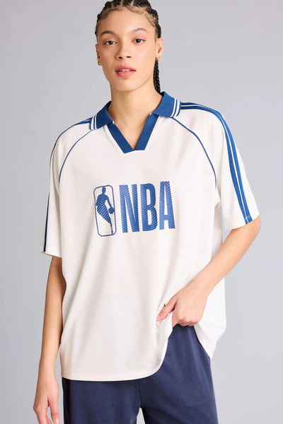 DeFacto G0706Axer105 Ecru Nba Wordmark Oversized Polo Collar T-Shirt