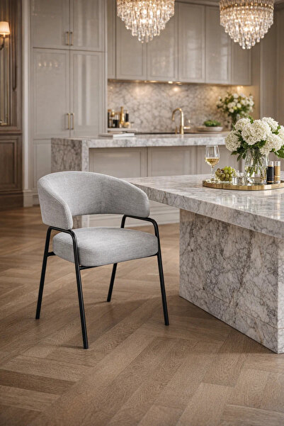 MARIA HOMES Light Grey Armchair with Black Metal Legs, 78x47x50 CM