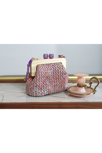 Handmade Ahşap Saplı Butik Tasarım El Yapımı Örgü, Kadın Omuz Çantası–Lila Zi...