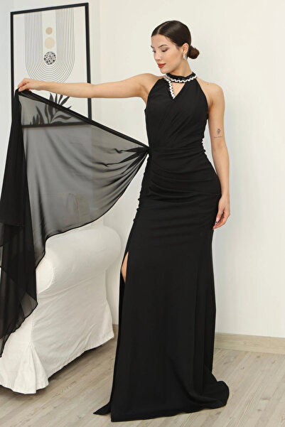 lodmela Βραδινό φόρεμα Με πιέτες με πέτρινη λεπτομέρεια 2341-Μαύρο