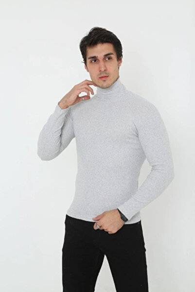 LUMİART Men's Camisole Neck Full Lycra Corded Body Sweater - Gray