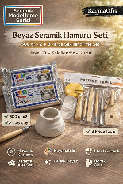 KarmaOfis Beyaz Seramik Hamuru Seti 500 gr x2 + 8 Parça Şekillendirme Aletler...