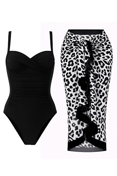 CUPSEA Women's Shaping / Sculpting Draped Black Swimsuit Black Leopard Pareo ...