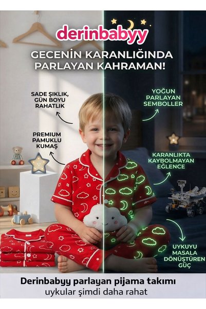 derin baby 100% Cotton Phosphorescent Night Glowing Sky Patterned Boys Girls Unisex Baby Kids Pajama Set