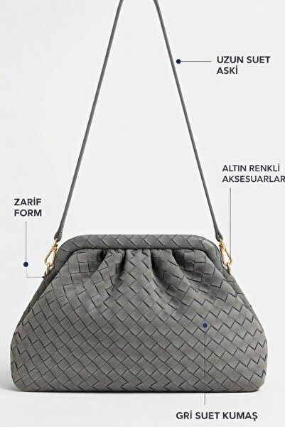 themoiss Gray Color Medium Size Scholarship Suede Fabric Women's Hand and Sho...