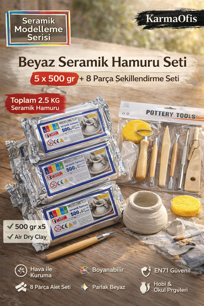 KarmaOfis Seramik Hamuru Seti 5x500 gr + 8 Parça Şekillendirme Alet Seti | Ai...