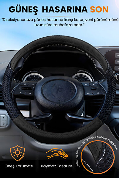 e-biz Direksiyon Kılıfı Universal Geçmeli Oto Direksiyon Kılıfı Premium Deri Terletmez-File Kumaş Detaylı
