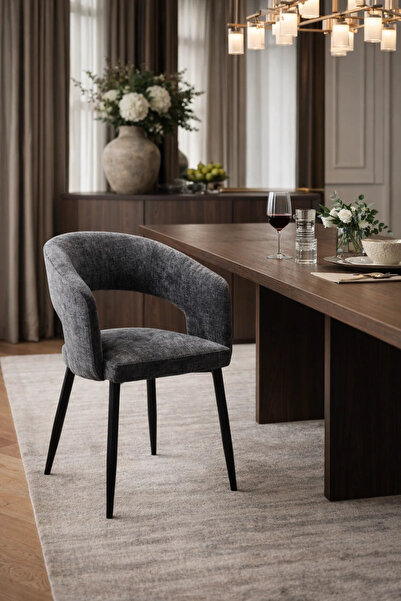 MARIA HOMES Dark Grey Fabric Arm Dining Chair 80x44x48cm Modern Dining Chair