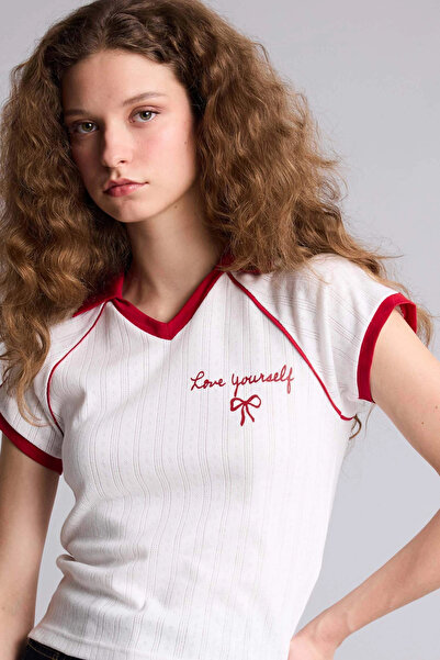 DeFacto G2479AXWT32 Λευκό εφαρμοστό μπλουζάκι με στάμπα και κοντά μανίκια