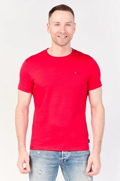 Tommy Hilfiger Men Crew Neck Short Sleeve Embroidered Logo T-Shirt, Red