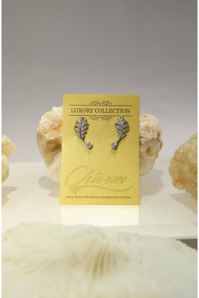 CHARM Silver Leaf Earrings – Delicate leaf with crystal