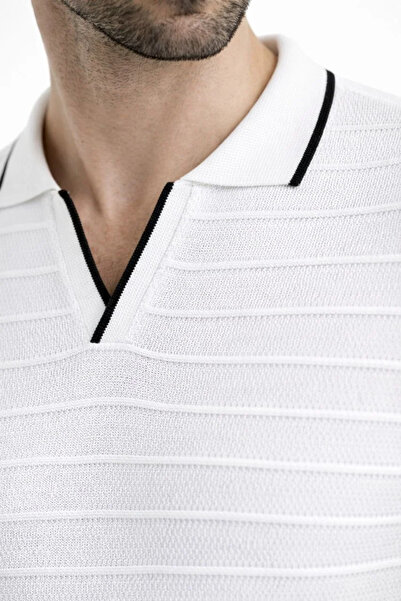 LUMİART Men's Knitwear Collared Buttonless Open Collar Ribbed Short Sleeve Re...