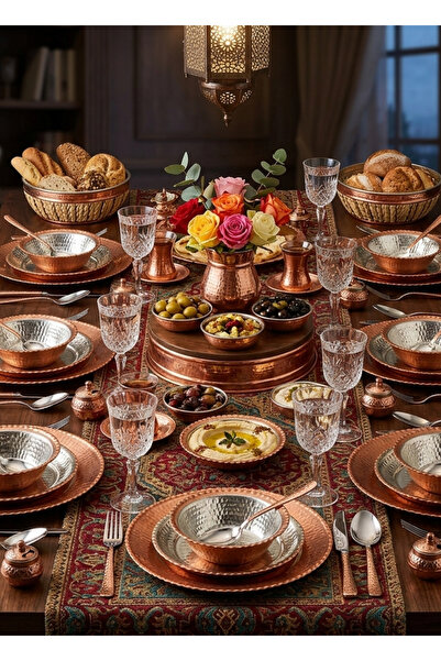 Efsoon Organics 24 Parça Altı Kişilik Mat Bakır Yemek Takımı - Tamamen El Yap...