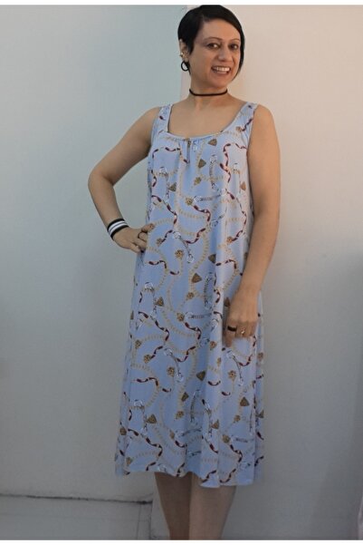 Mertcan Butik Ice Blue Chain Patterned Front and Back Ruched Combed Cotton Vi...