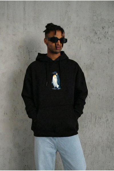 LUMİART Black Oversize - Hoodie with Back Print "Survivor Penguin" Themed Phi...