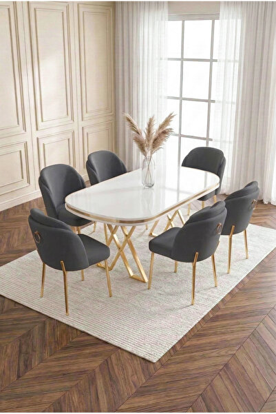 DEREN HOME Milano Gold Serisi 90x168 MDF Masa Metal Ayak YemekMutfak Takımı+6...