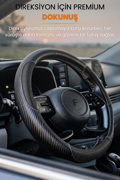 e-biz Direksiyon Kılıfı Universal Geçmeli Oto Direksiyon Kılıfı Premium Deri - Carbon Deri Detaylı