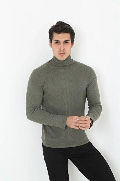 LUMİART Men's Camisole Turtleneck Full Lycra Corded Body Sweater - Khaki