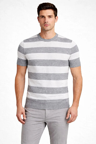 LUMİART Men's T-Shirt Striped Knitwear Woven Crew Neck T-Shirt - Gray