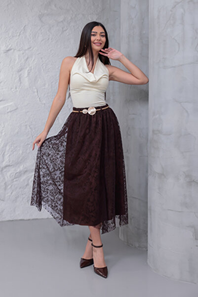 happinice Γυναικεία μαύρη δαντελένια φούστα με λεπτομέρεια από τούλι, μήκους ...