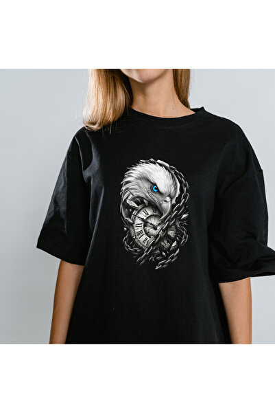 TİMİSİVA Unisex Oversized Sanatsal Printed Crew Neck Short Sleeve Black T-Shirt