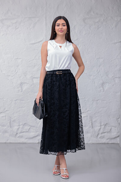 happinice Γυναικεία μαύρη δαντελένια φούστα με λεπτομέρειες από τούλι, μήκους...