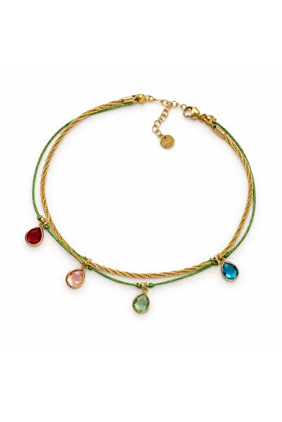 CHARMLUCKY Steel 2-Piece Colorful Stone Charm Anklet