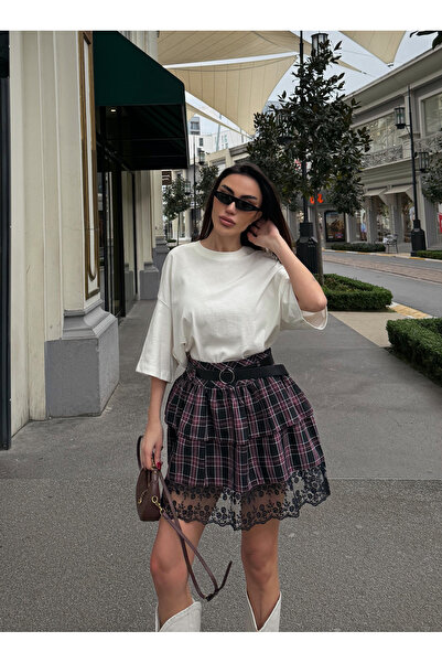 LB Laluna Butik Women's Lace Detailed Layered Plaid Skirt