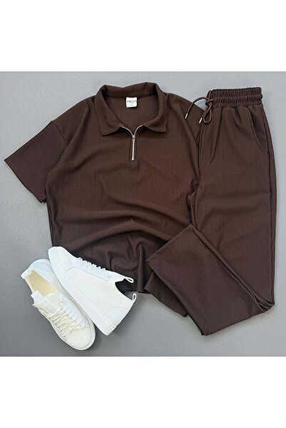viperkombin Men's 2'Li Ottoman Corded Fabric Half Zipper T-Shirt and Pants Set