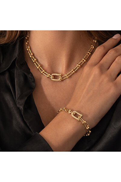 Liva Group Atelier 14K Altın Kaplama Tfny Zirkon TAş Parçalı 2 li set Kadın S...