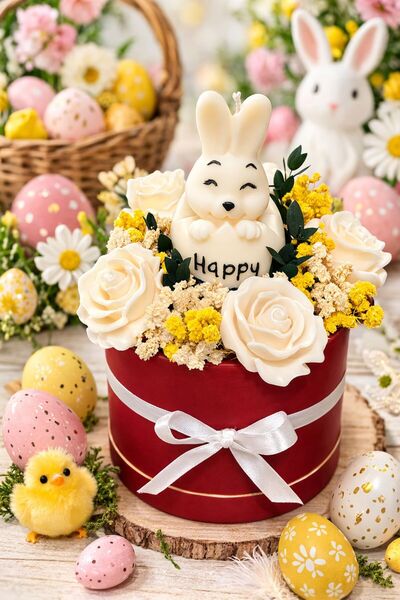 OEM Aranjament decorativ Paște cu lumânări din ceară de soia, iepuraș în ou ș...